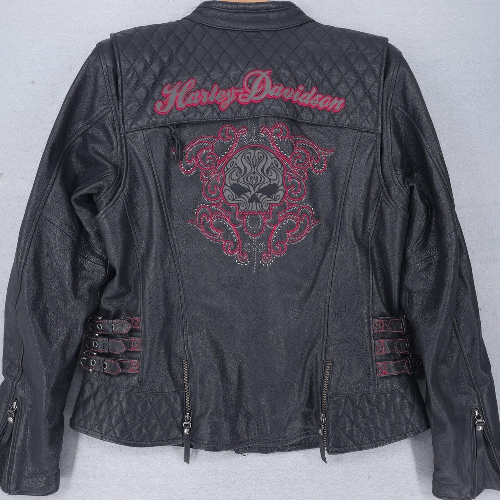 Harley-Davidson Jacket Womens XL Black Leather Skull Embroidered Biker Moto Goth